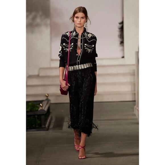Ralph Lauren Collection Purple Label Beaded Skirt Black Silk Fringe Midi Runway - Picture 4 of 11